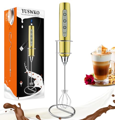 Image of YUSWKO Champagne Gold Handheld Milk Frother Wand with Stand for Coffee, Rechargeable Electric Whisk with 3 Heads 3 Speeds Drink Mixer Coffee Frother For Latte, Cappuccino, Hot Chocolate, Egg