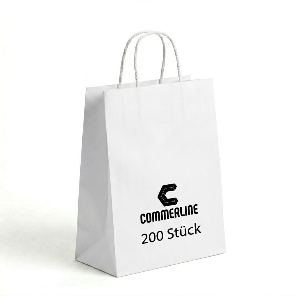 Commerline 200 Bolsas de Papel Blanca con Asas de Cuerda | 45+17x48 cm, Bolsa Blanca | Bolsas de Regalo de Kraft, Artículos de Papel para Compras y Embalaje