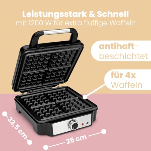 ProfiCook® PC-WA 1241 - Piastra per waffle belghe con 4 superfici di cottura, piastra per waffle belga, superficie di cottura antiaderente | grado di doratura regolabile | acciaio inox | 1200 Watt | - 4
