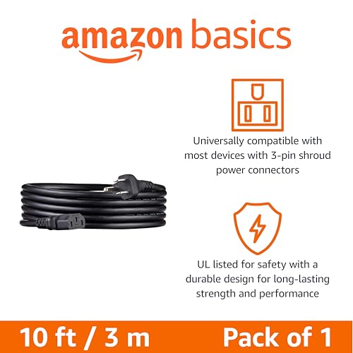 Image of Amazon Basics Replacement Power Cord for Computer, Monitor, TV, Printer, PC, 3 Prong, 18 AWG, 125 Volts, 10 Feet, Black