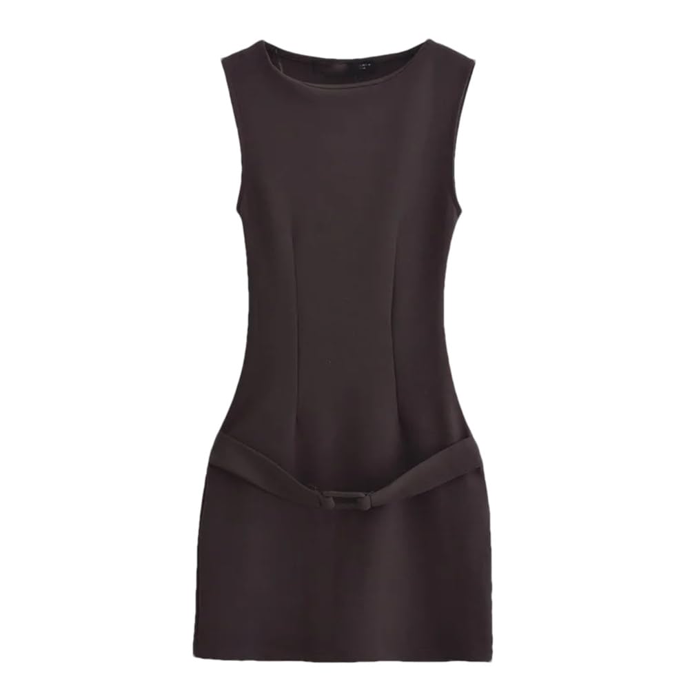 Womens Belt Decorative Slim Sleeveless Dresses Solid Color High Street Short Mini Dress