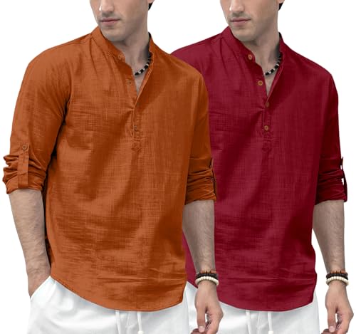 Image of Zombom Men's Combo Cotton Polyester Blend Solid Full Sleeve Straight Regular Fit Mandarin /Chinese Collor Kurta (Pack of 2)