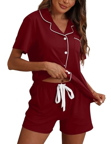 Image of ZMJ Pajamas for Women Set 2 Piece Pj Short Sets Bride Sleepwear Button Up Wine Red 3XL