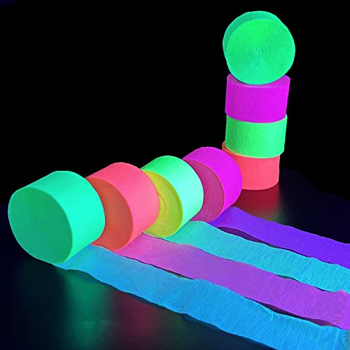 Image of 420feet Blacklight Party Streamer Decorations 4 Rolls Glow Crepe Paper UV Reactive Fluorescent Neon Paper Streamers Glow Party Supplies and Decorations for Wedding, Birthday, Neon Party, Fiesta Party