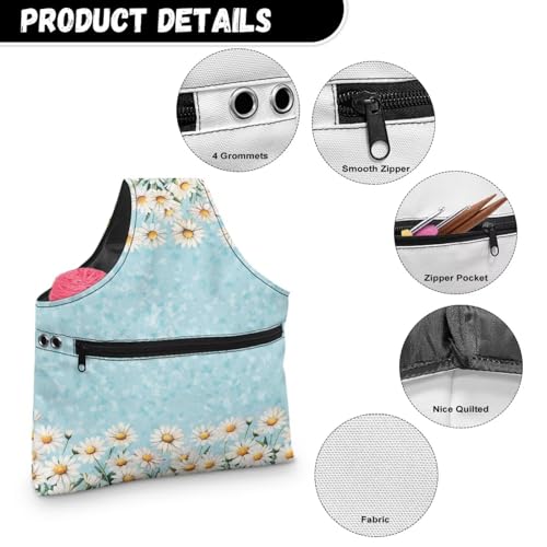 Image of KUIFORTI Daisy Knitting Yarn Bag Floral Crochet Storage Bags with Zipper Pocket Knitting Hook Storage for Travel Park, L Size