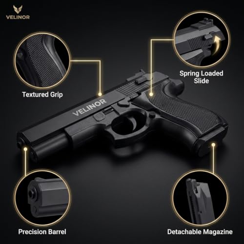 Image of VELINOR Pull-Back Action Toy P729 Gun with 200 BB Bullets | Long Range Shooting Pistol for Kids & Adults | Removable Magazine | Strong Spring Power | Safe Plastic BB Pellets