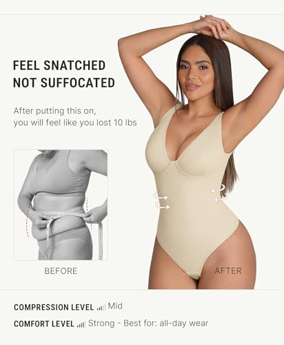 Image of FeelinGirl Shapewear Bodysuits for Women Tummy Control Body Suits Deep V Neck Thong Body Shaper