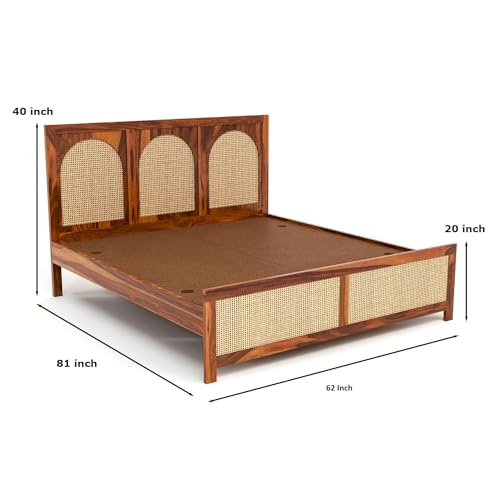 Image of Solid Sheesham Wood Queen Size Bed Without Storage for Bedroom Living Room | Wooden Double Bed Cot for Home Hotel | (Honey Finish-3 Round, Queen Size)