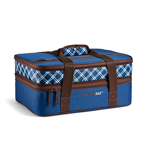Rachael Ray Expandable Insulated Casserole Carrier for Hot or Cold Food, Thermal Lasanga Lugger Tote for Pockluck, Parties, Picnic, and Cookouts, Fits 9' x 13' Baking Dish, Plaid Navy