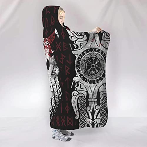 Viking Wolf Hooded Blanket Warm Soft Sherpa Norse Throw Blanket Plush Fleece Blanket Wearable Blanket Hoodie Blanket For Adults Kids (Color : A, Size : 80X60In/150X200Cm) #TOP1