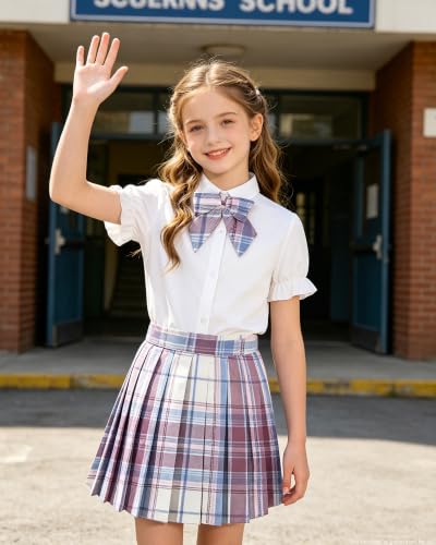 Image of Betusline Girls Skirt Set JK School Uniform 2-Piece Outfit - Short Sleeve Shirt with Bow & Pleated Skirt 4T-14Y