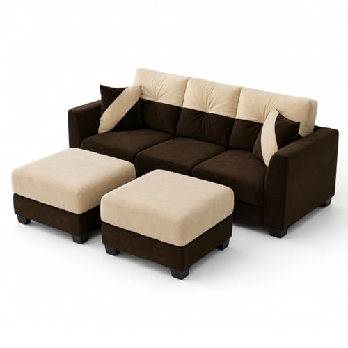 Image of Revola 5 Seater L Shape Sofa Set with 2 Movable Ottomans | Flexible Layout | Luxury Velvet Suede Fabric | Modern Living Room Sofa | Dark Brown-Cream