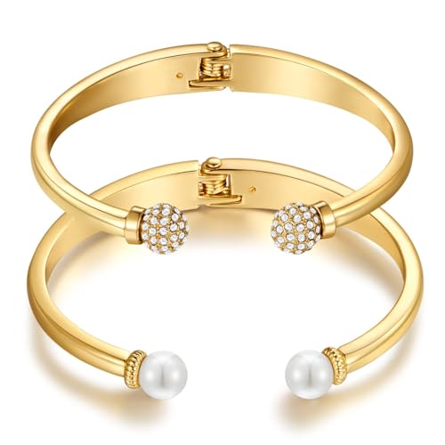 2Pcs Silver Cuff Bracelet for Women Adjustable Bangle Bracelets Set with Imitation Pearls and Rhinestones