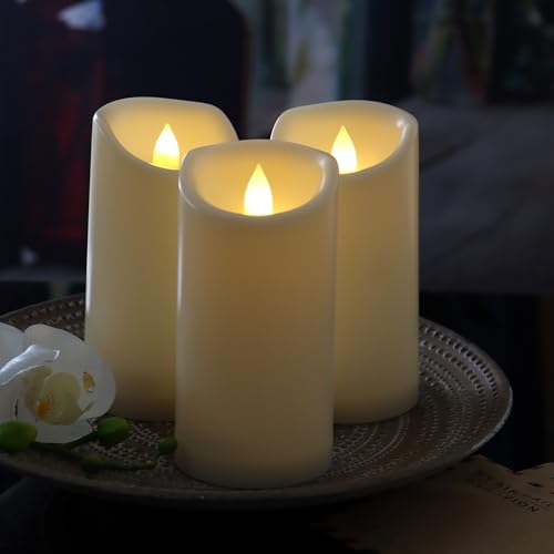 Image of CANDLE CHOICE Waterproof Outdoor Battery Operated Flameless Candles with Timer Flickering Plastic Resin Electric LED Pillar Lights for Lantern Patio Garden Wedding Party Decorations 3x6 Inches 3 Pack