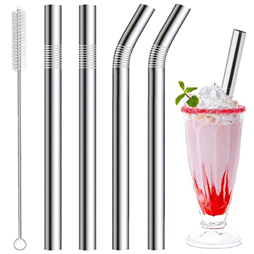 Vinaco Milkshake Straws - 10mm Wide 4 Pack Stainless Steel Straws - 266mm & 216mm Long with 1 Straw Cleaner Reusable Metal Straw for Milkshake Smoothie and Jumbo Thick Drinks