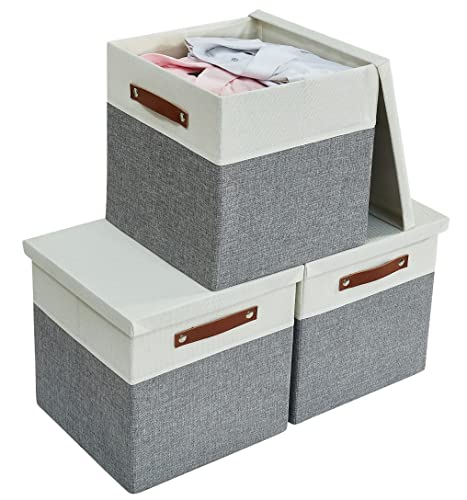 DECOMOMO Storage Cubes with Lid [3-Pack] Large Storage Box, Stackable Storage Bin With Dual Handles for Organizing Toys Books Shelves Office Nursery (Grey and White, 11 x 11 x 11 inch)