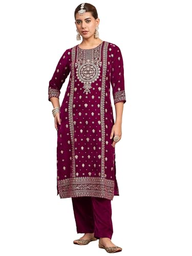 Kurta évasée Varanga ensemble pantalon femme col V brodé style indien