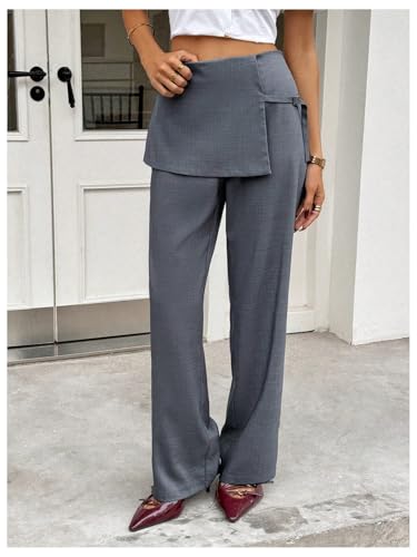 Verdusa Women's Dress Pants Layered Elastic High Waisted Straight Leg Work Office Trousers3