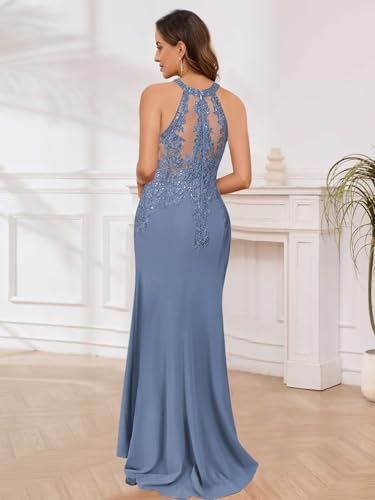 Satin Halter Mother of The Bride Dresses Long 2025 Lace Applique Mermaid Evening Gowns for Women3