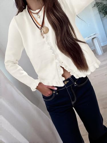 Saodimallsu Womens Ruffle Cardigan Sweaters Button Up Crew Neck Long Sleeve Cropped Sweater Cute Soft Knit Tops2