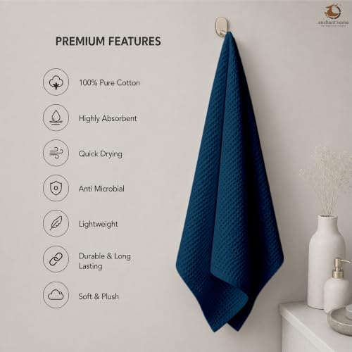 Image of Pure Cotton Waffle Towel | Lightweight | Anti Microbial and Water Absorbent | Soft Touch Quick Drying Bath Towel (Navy Blue, Pack of 1)