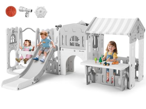 JOYLDIAS 10 in 1 Toddler Slide, Freestanding Kid Climber Slide Playset, Toddler Playhouse with Slide and Swing, Basketball Hoop, Telescope, Indoor Outdoor Backyard Playground Toy for Toddlers Age 1-3+