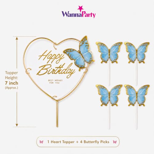 Image of Wanna Party Happy Birthday Cake Topper with Blue Butterflies, 5 Pcs Butterfly Cake Decoration Set for Birthday Cake, Cupcake, Dessert Table, Party Decor & Celebration Supplies