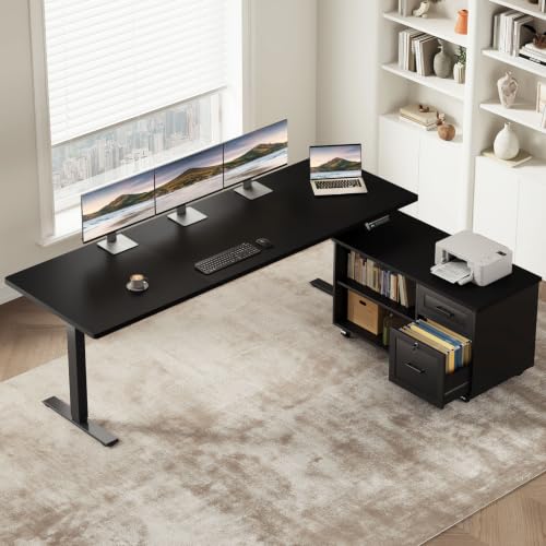 Image of OffiGo 71 Inch L Shaped Electric Standing Desk with Cabinet Sets, Black | Mobile Drawers & File Cabinet Sets for Flexible Layout, Height Adjustable Executive Stand Up Desk for Home Office Workstation