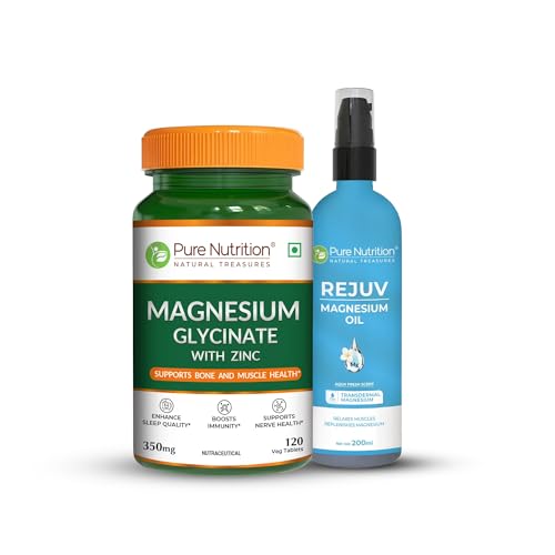 Image of Pure Nutrition Magnesium Glycinate with Zinc 350mg (120 Veg Tablets) + Rejuv Transdermal Magnesium Oil Spray 200ml | Sleep, Muscle & Nerve Support