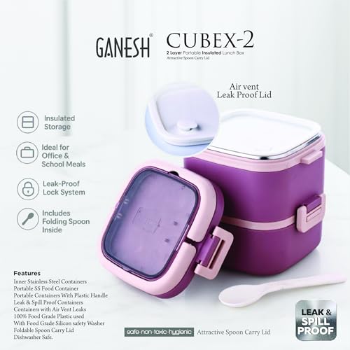 Image of Ganesh 2 Compartment Cubex Insulated Food Container with Attractive Spoon - Airtight Leak-Proof Lunch Box for Office, School, Picnic 760ml- Peach