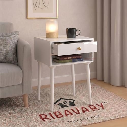 Image of Modern Bedside Table Nightstand with Solid Wood Legs, Practical End Side Table with Drawer Storage for Small Spaces Wooden Bedside Table, Coffee Table, Living Room /Bedroom (White)