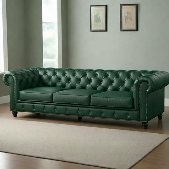 Image of A to Z Furniture Classic 3+2=5 Seater Sofa Set Luxury Chesterfield Leatherette Sofa in for Home Living Room & Office (3+2=5 Seater Sofa Dark Green)