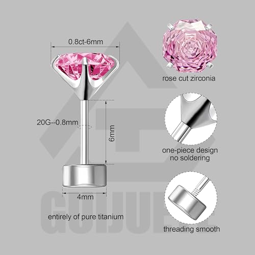 Hypoallergenic G23 Titanium Screw-on Flat Back Stud Earrings with Rose Cut Cubic Zirconia- 20G ASTM F136 Implant Grade Titanium Earrings for Sensitive Ear Women (Pink)3
