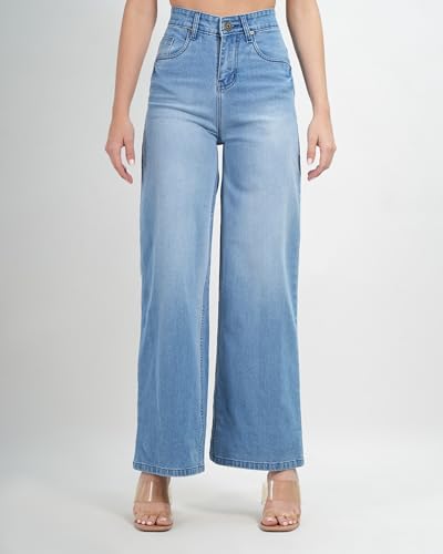 Image of Women's High Waist Wide Leg Jeans, Light Blue Denim, Stretchable Relaxed Fit