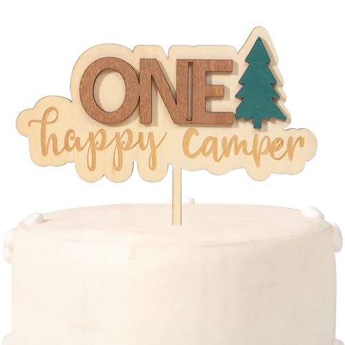 One Happy Camper Wood Cake Topper - 1st Birthday Camping Party Decorations, Outdoors Woodland Theme