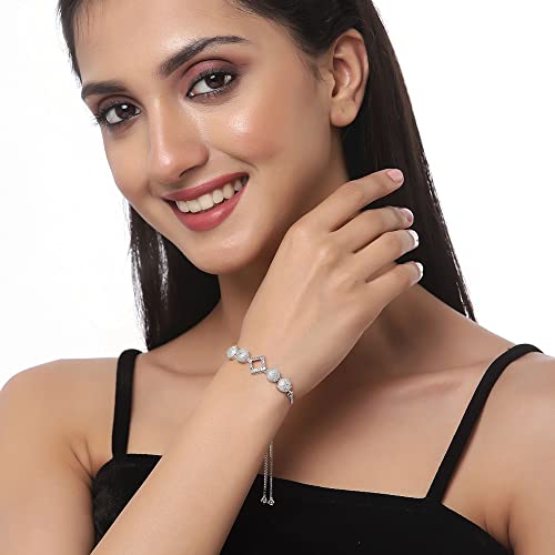 Image of ZENEME Set of 2 Rhodium-Plated Silver Toned American Diamond Bracelet Combo for Women & Girls Adjustable Designer CZ Tennis Bracelets