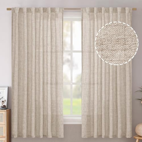 BGment Flax Linen Curtains 63 Inch Length for Living Room, Beige Light Filtering Burlap Drapes for...