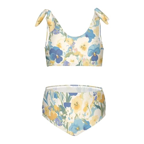 KLL The Garden Tricolor Pansy Flower Girls' Two Piece Bikini Sets Beach Swimsuits Swimwear Cute Shoulder Strap