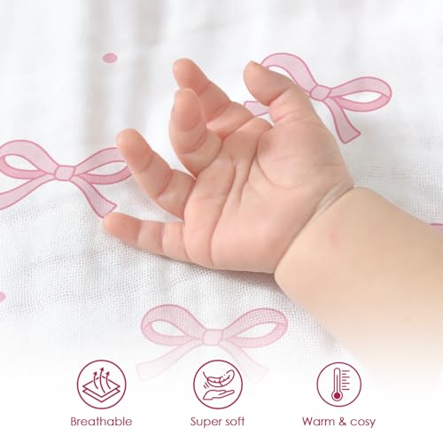 Image of Bow Baby Blankets for Girls, Soft Nursery Minky Blankets with Muslin and Dotted Fleece Back 30x40 inches, Receiving Bed Quilt for Newborn, Infants, Toddlers