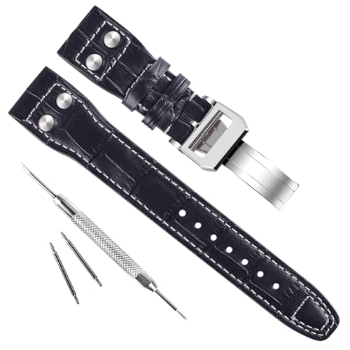 GreenOlive 22mm Genuine Leather Watch Band fit for IWC Pilot's Watchs (Silver ButterflyBuckle/Black), Silver Buckle/Black, strap, Unique