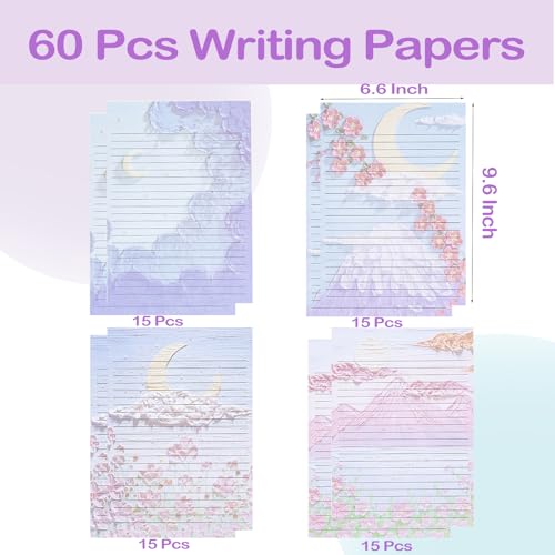IMagicoo 60 Lined Writing Stationery Paper, Beautiful Moon & Flower Designs for Writing Letter, Notes, Invitations, Craft, 4 Different Style (9.6 x 6.9) - Image 3