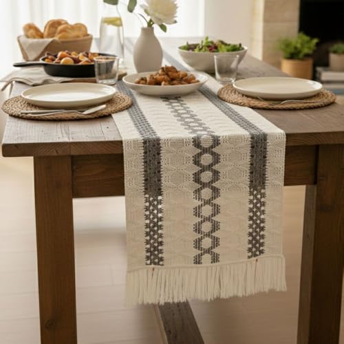 Image of HomeCloud Croshia Woven Table placemat - Heat Resistant, Washable Table Decoration for Dining, Office, Kitchen, Hotel, and Home (Runner White Grey, Set of 2)