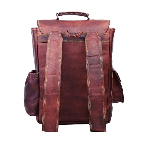 HULSH Handgefertigter 40,6 cm großer brauner Leder-Rucksack für Herren im Vintage-Stil, einfach zu öffnen, mit Push-Lock-Verschluss Damen und | Laptop-Rucksack aus Leder gepolstertem Laptopfach
