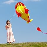 Riesiger Drachen, Fancysky Killerwal Drachen fur Erwachsene, Bird Repellent Winddrachen, Geeignet fur Rasen, Strand und Parks, 215 X 125CM (Rot und Gelb, L)