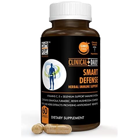 Clinical Daily Smart Defense Herbal Immune Support Supplement. Immunity Vitamins for Women and Men, Vitamin C, E, Selenium, 22 Herbs with Mushroom Complex, Graviola, Garlic, Lycopene. 60 Capsules Cover