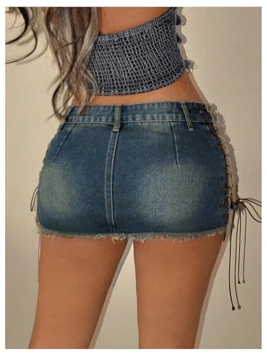 WDIRARA Women's Lace Up Side Bodycon Denim Mini Skirt Y2k Low Rise Frayed Hem Jean Skirts3
