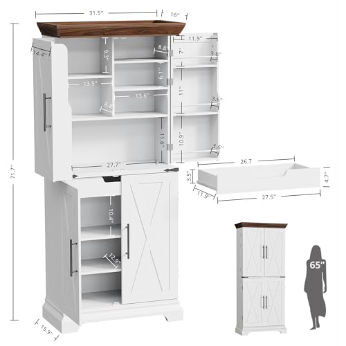 IRONCK Kitchen Pantry Cabinet 72" H, with 9 Shelves, 4 Barn Doors, Drawer, 6 Door Storage Shelves, Farmhouse Freestanding Rustic Wood Cupboard for Kitchen Dining Room White - Image 3
