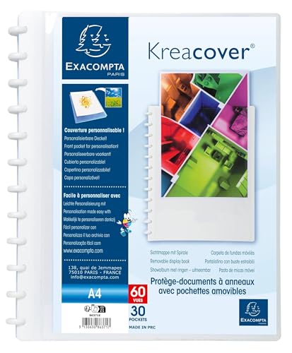 Exacompta - Réf. 86371E - Carton de 4 Protège-documents amovible à anneaux avec 30 pochettes grainées détachables - 60 vues - A4 - dim 24,5x31cm -...
