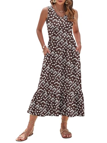 Image of AUSELILY Womens Summer Maxi Dress Casual Sleeveless V Neck Floral Dresses | A line shape with practical side pockets, Vacation dress for resort walks, Pair with low heels and simple jewelry