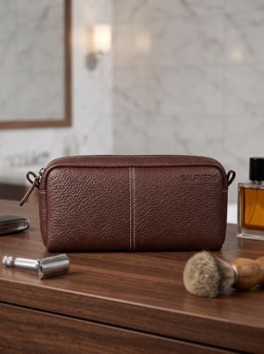 Image of Calfnero Genuine Leather Toiletry Bag for Men & Women | Premium Leather Travel-Pouch | Toiletry Organizer | Cosmetic & Shaving Kit Bag | Unisex Travel Dopp Kit (Cognac)